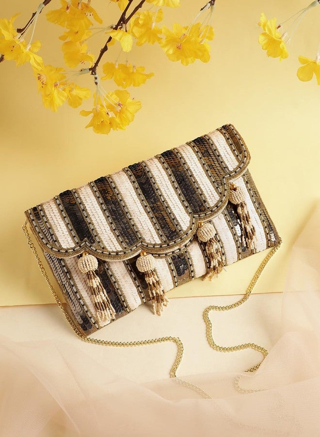 Anekaant Tassel Tales Champagne Sequined Sling Bag with Tassel Work for Women | Party & Wedding Purse - Image 3